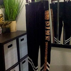 PINK  black legging tights with copper sequins logo